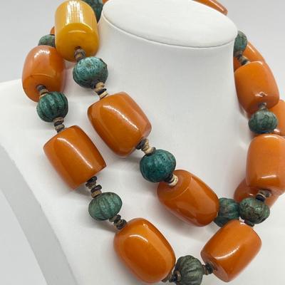 LOT 275J: Egyptian Ball Bead and Tubular Amber Necklace - 30"
