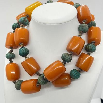 LOT 275J: Egyptian Ball Bead and Tubular Amber Necklace - 30"