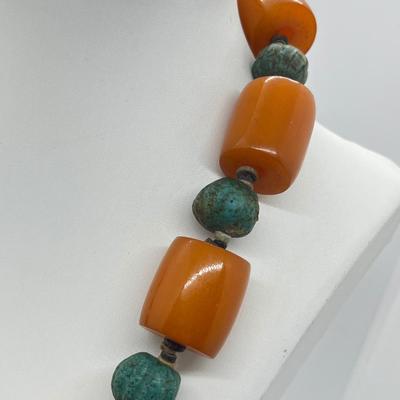 LOT 275J: Egyptian Ball Bead and Tubular Amber Necklace - 30"