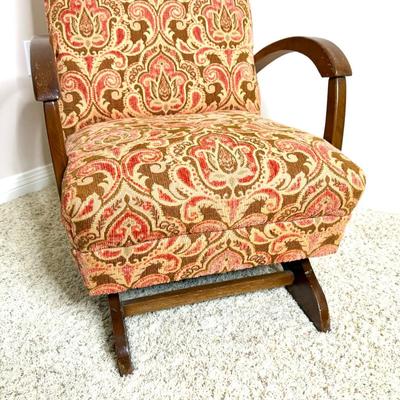 MCM Upholstered Glider with Wooden Arms and Chenille Flowers