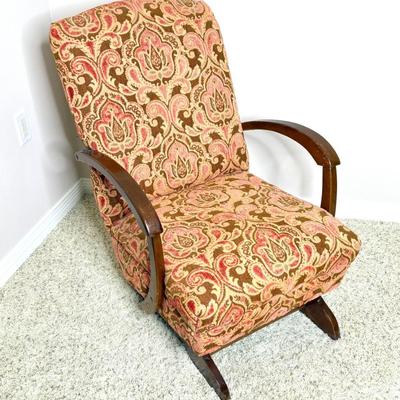 MCM Upholstered Glider with Wooden Arms and Chenille Flowers