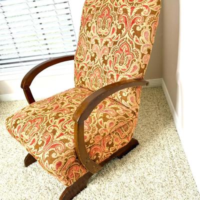 MCM Upholstered Glider with Wooden Arms and Chenille Flowers
