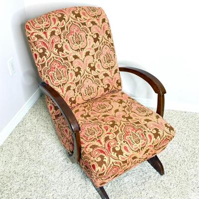 MCM Upholstered Glider with Wooden Arms and Chenille Flowers
