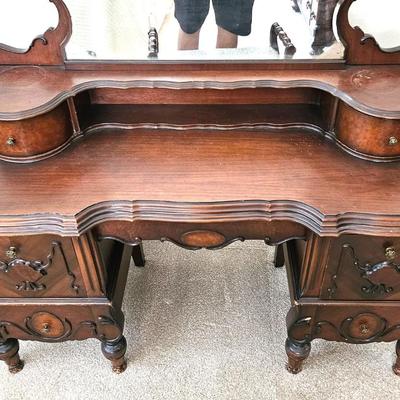 Antique Walnut Vanity With Mirror and Bench