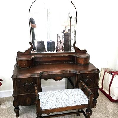 Antique Walnut Vanity With Mirror and Bench