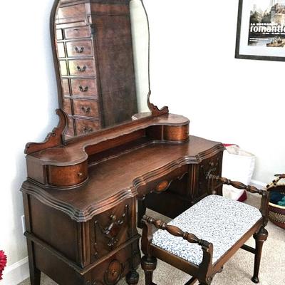 Antique Walnut Vanity With Mirror and Bench