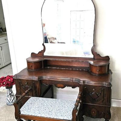 Antique Walnut Vanity With Mirror and Bench
