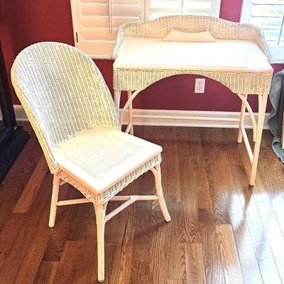 Vintage White Wicker Desk with Chair