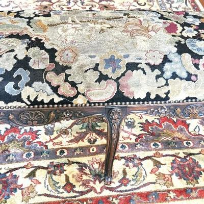 Vintage Needlepoint Bench WIth Floral Design and Dark Wood Frame