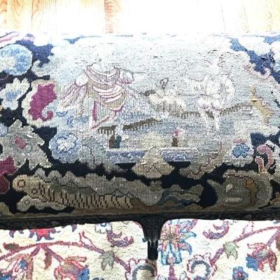 Vintage Needlepoint Bench WIth Floral Design and Dark Wood Frame
