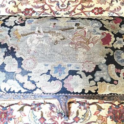 Vintage Needlepoint Bench WIth Floral Design and Dark Wood Frame