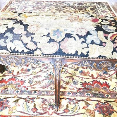 Vintage Needlepoint Bench WIth Floral Design and Dark Wood Frame