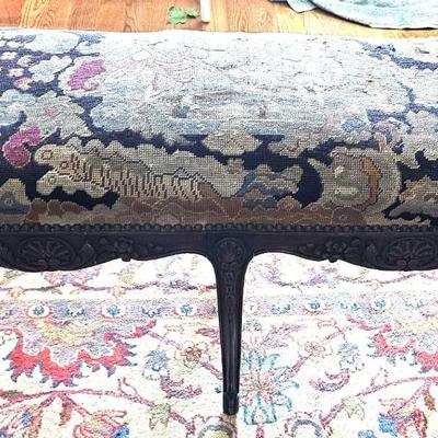 Vintage Needlepoint Bench WIth Floral Design and Dark Wood Frame