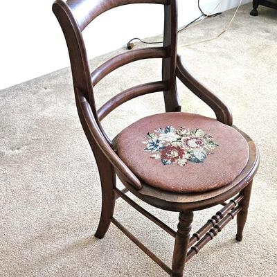 Antique Wooden Chair with Needlepoint Seat