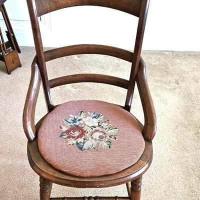 Antique Wooden Chair with Needlepoint Seat