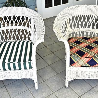 2 Vintage White Wicker Chairs with Different Cushions