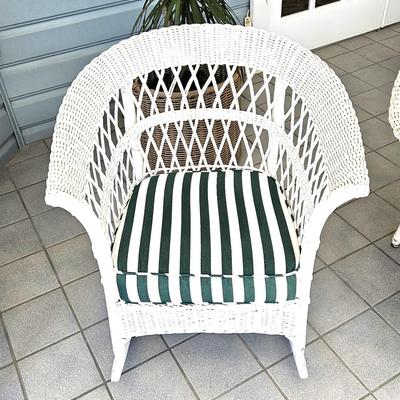 2 Vintage White Wicker Chairs with Different Cushions