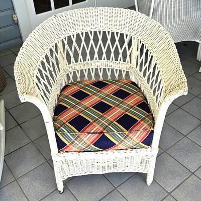 2 Vintage White Wicker Chairs with Different Cushions