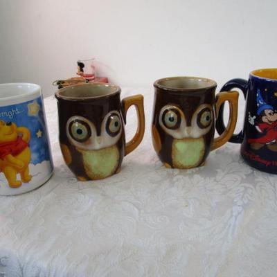 2 Owl mugs, 1 Mickey Mouse mug, 1 Winnie-the-Pooh mug