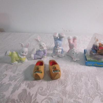 4 ceramic bunnies, 1 hand-painted ornament, 2 wooden shoes