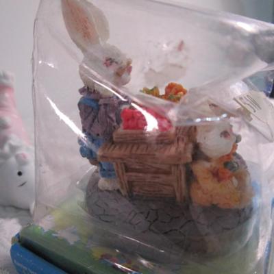 4 ceramic bunnies, 1 hand-painted ornament, 2 wooden shoes
