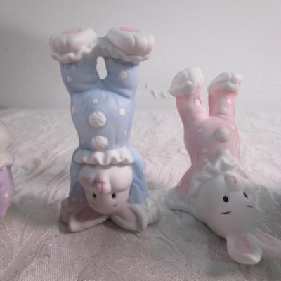 4 ceramic bunnies, 1 hand-painted ornament, 2 wooden shoes