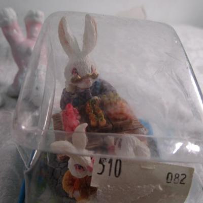 4 ceramic bunnies, 1 hand-painted ornament, 2 wooden shoes