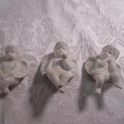 Hansen's classic Ceramic young woman figurine, 3 ceramic shelf angels