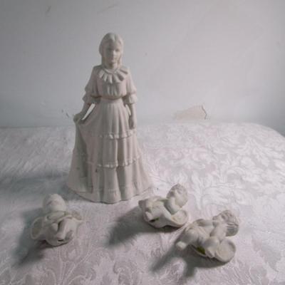 Hansen's classic Ceramic young woman figurine, 3 ceramic shelf angels