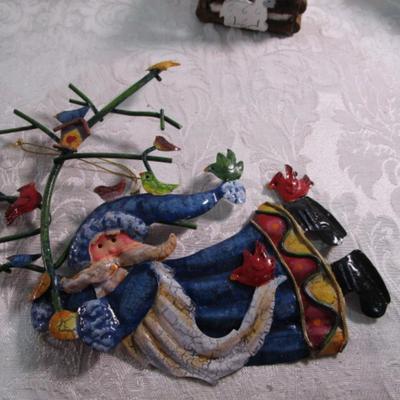 11 Christmas ornaments, 1 suction cup wreath holder, bird candle