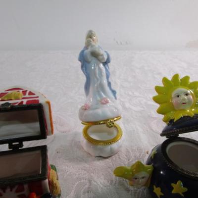 New 5 Ceramic trinket boxes, decorative stamp dispenser, soft doll & snowman suncatcher