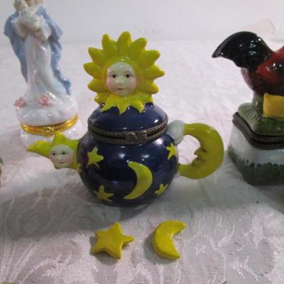 New 5 Ceramic trinket boxes, decorative stamp dispenser, soft doll & snowman suncatcher