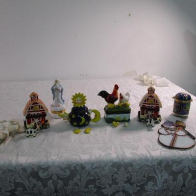 New 5 Ceramic trinket boxes, decorative stamp dispenser, soft doll & snowman suncatcher