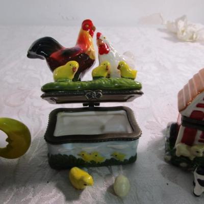 New 5 Ceramic trinket boxes, decorative stamp dispenser, soft doll & snowman suncatcher