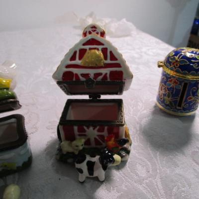 New 5 Ceramic trinket boxes, decorative stamp dispenser, soft doll & snowman suncatcher