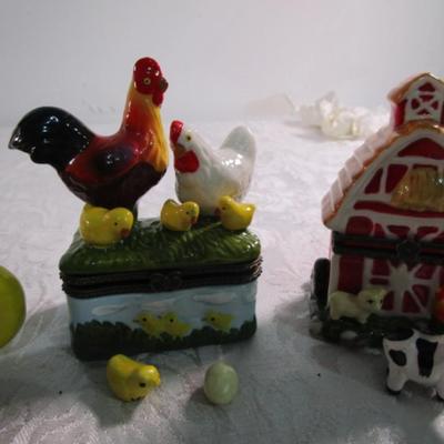 New 5 Ceramic trinket boxes, decorative stamp dispenser, soft doll & snowman suncatcher