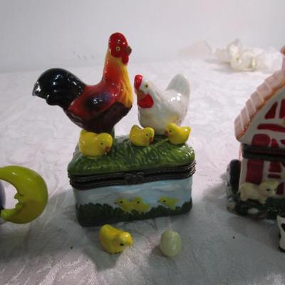 New 5 Ceramic trinket boxes, decorative stamp dispenser, soft doll & snowman suncatcher