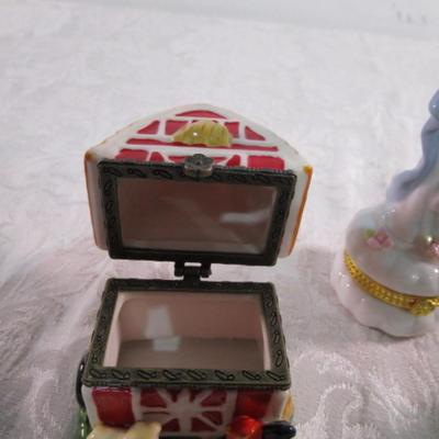 New 5 Ceramic trinket boxes, decorative stamp dispenser, soft doll & snowman suncatcher