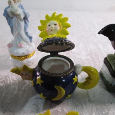 New 5 Ceramic trinket boxes, decorative stamp dispenser, soft doll & snowman suncatcher