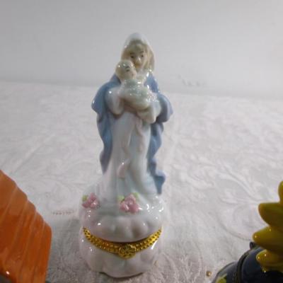 New 5 Ceramic trinket boxes, decorative stamp dispenser, soft doll & snowman suncatcher
