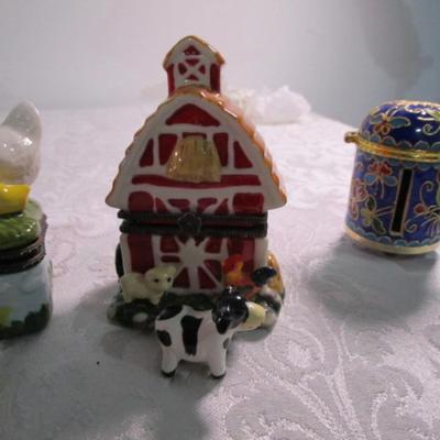 New 5 Ceramic trinket boxes, decorative stamp dispenser, soft doll & snowman suncatcher