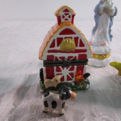 New 5 Ceramic trinket boxes, decorative stamp dispenser, soft doll & snowman suncatcher
