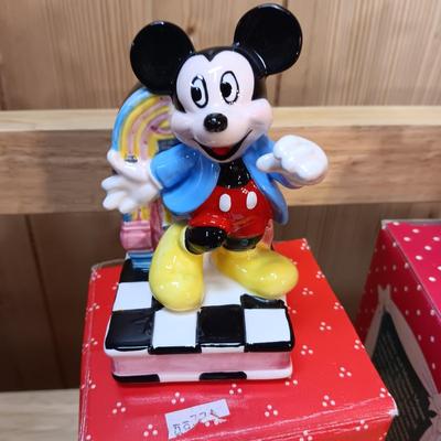 DISNEY CERAMIC FIGURINES AND MICKEY & MINNIE ON A MOVING SEESAW MUSIC BOX