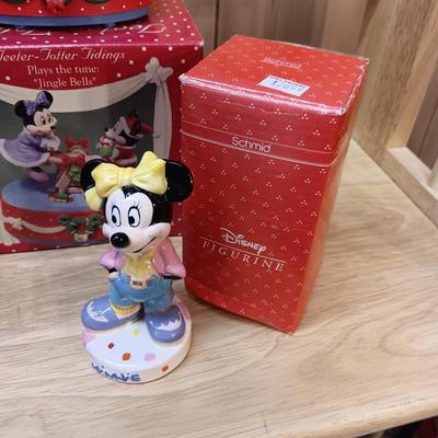 DISNEY CERAMIC FIGURINES AND MICKEY & MINNIE ON A MOVING SEESAW MUSIC BOX