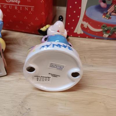 DISNEY CERAMIC FIGURINES AND MICKEY & MINNIE ON A MOVING SEESAW MUSIC BOX