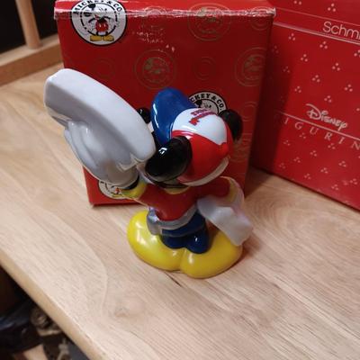 DISNEY CERAMIC FIGURINES AND MICKEY & MINNIE ON A MOVING SEESAW MUSIC BOX