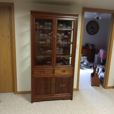 ASIAN THEMED DISPLAY CABINET WITH ADJUSTABLE SHELVES, 2 DRAWERS AND CABINET