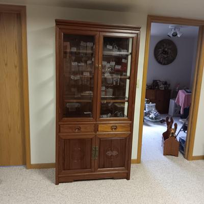 ASIAN THEMED DISPLAY CABINET WITH ADJUSTABLE SHELVES, 2 DRAWERS AND CABINET