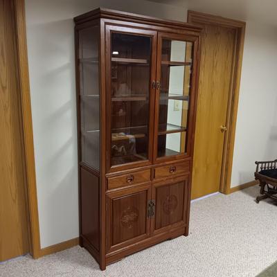 ASIAN THEMED DISPLAY CABINET WITH ADJUSTABLE SHELVES, 2 DRAWERS AND CABINET