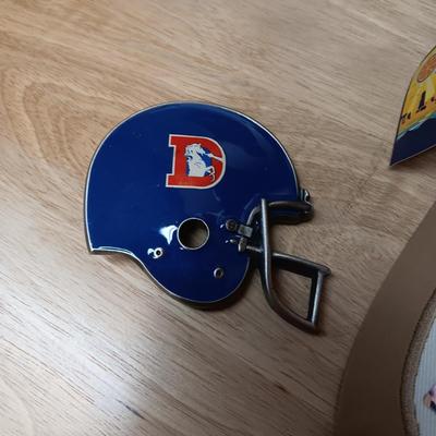 DENVER BRONCOS BALL CAP, BELT BUCKLE AND A PLUSH FOOTBALL